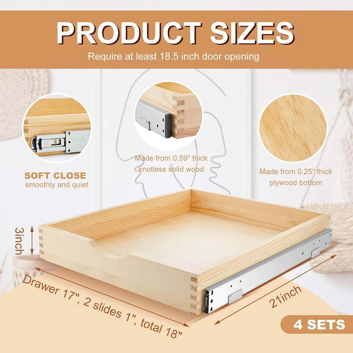 4 Pack Wooden Pull out Tray Cabinet Organizer Gentle Close Roll out Shelves for Kitchen Cabinets Fully Assembled Slide Pantry Shelves (15'' X 21'')