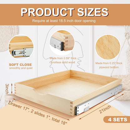 4 Pack Wooden Pull out Tray Cabinet Organizer Gentle Close Roll out Shelves for Kitchen Cabinets Fully Assembled Slide Pantry Shelves (15'' X 21'')