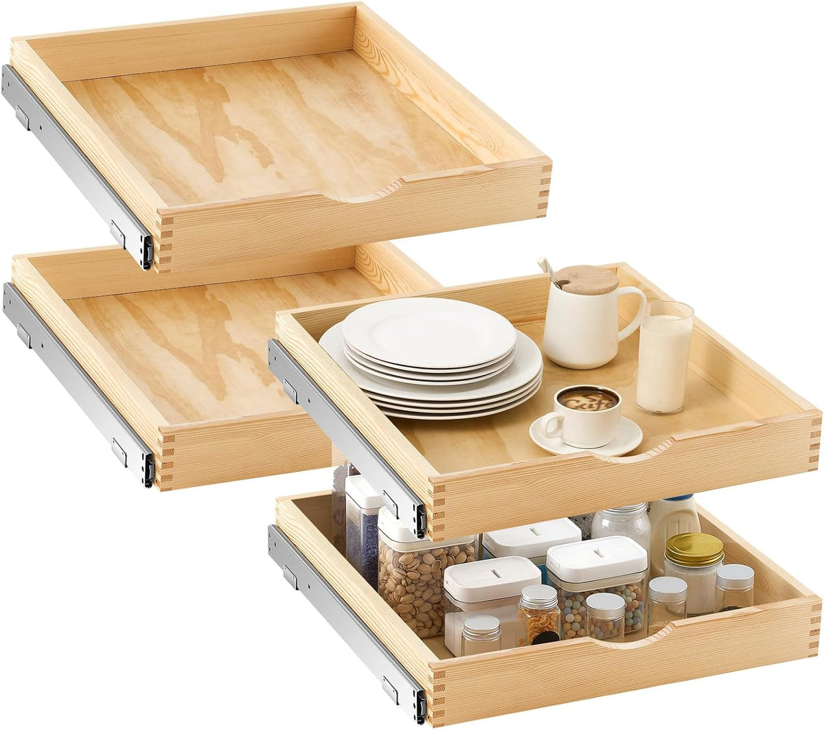 4 Pack Wooden Pull out Tray Cabinet Organizer Gentle Close Roll out Shelves for Kitchen Cabinets Fully Assembled Slide Pantry Shelves (15'' X 21'')