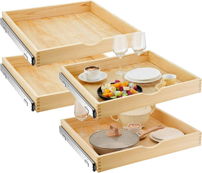 4 Pack Wooden Pull out Tray Cabinet Organizer Gentle Close Roll out Shelves for Kitchen Cabinets Fully Assembled Slide Pantry Shelves (15'' X 21'')