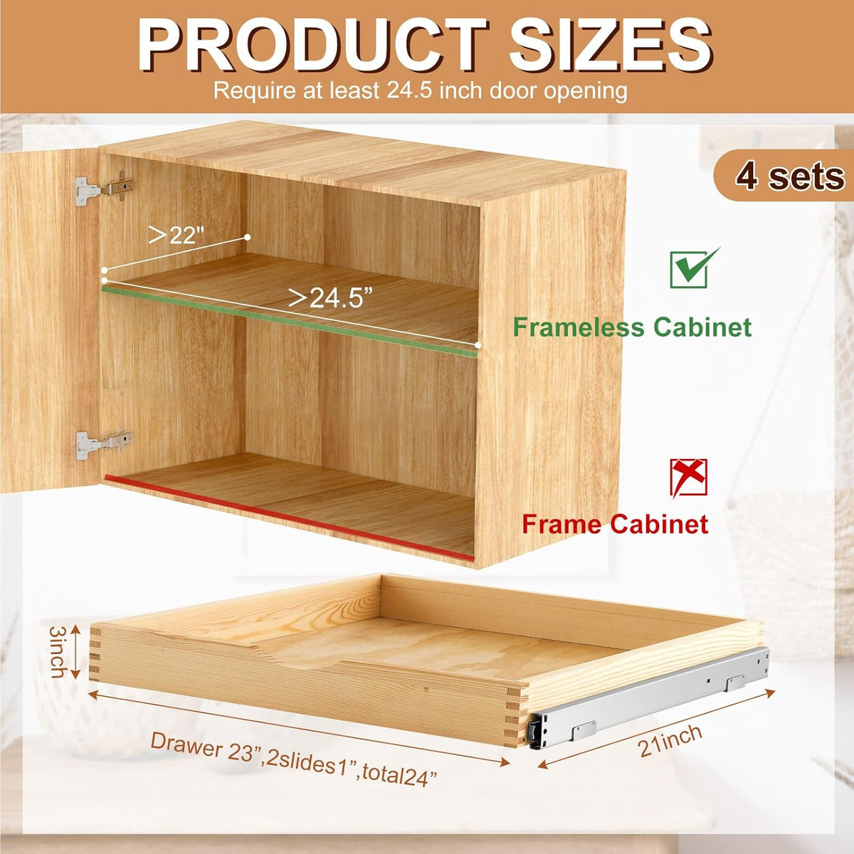 4 Pack Wooden Pull out Tray Cabinet Organizer Gentle Close Roll out Shelves for Kitchen Cabinets Fully Assembled Slide Pantry Shelves (15'' X 21'')