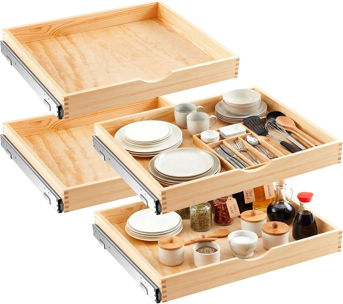 4 Pack Wooden Pull out Tray Cabinet Organizer Gentle Close Roll out Shelves for Kitchen Cabinets Fully Assembled Slide Pantry Shelves (15'' X 21'')
