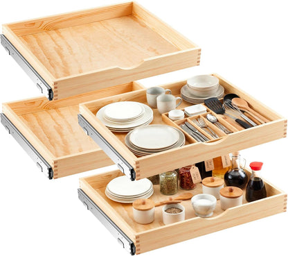 4 Pack Wooden Pull out Tray Cabinet Organizer Gentle Close Roll out Shelves for Kitchen Cabinets Fully Assembled Slide Pantry Shelves (15'' X 21'')
