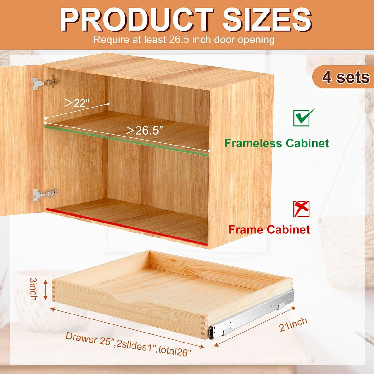 4 Pack Wooden Pull out Tray Cabinet Organizer Gentle Close Roll out Shelves for Kitchen Cabinets Fully Assembled Slide Pantry Shelves (15'' X 21'')