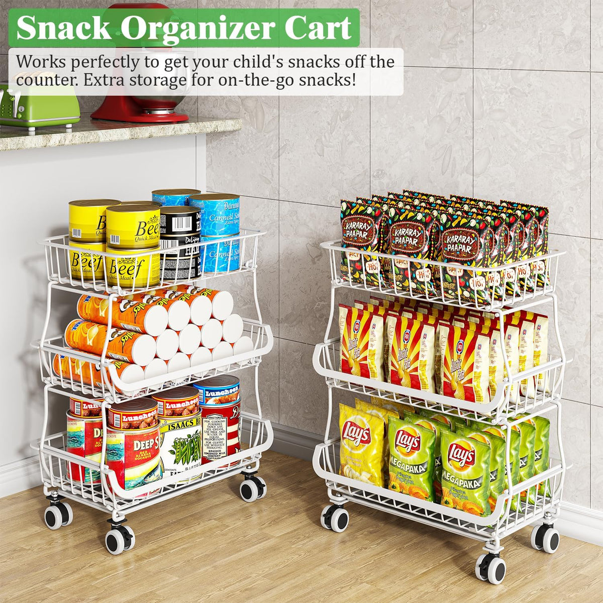 3 Tire Rolling Pantry Organizers and Storage Cart on Wheels