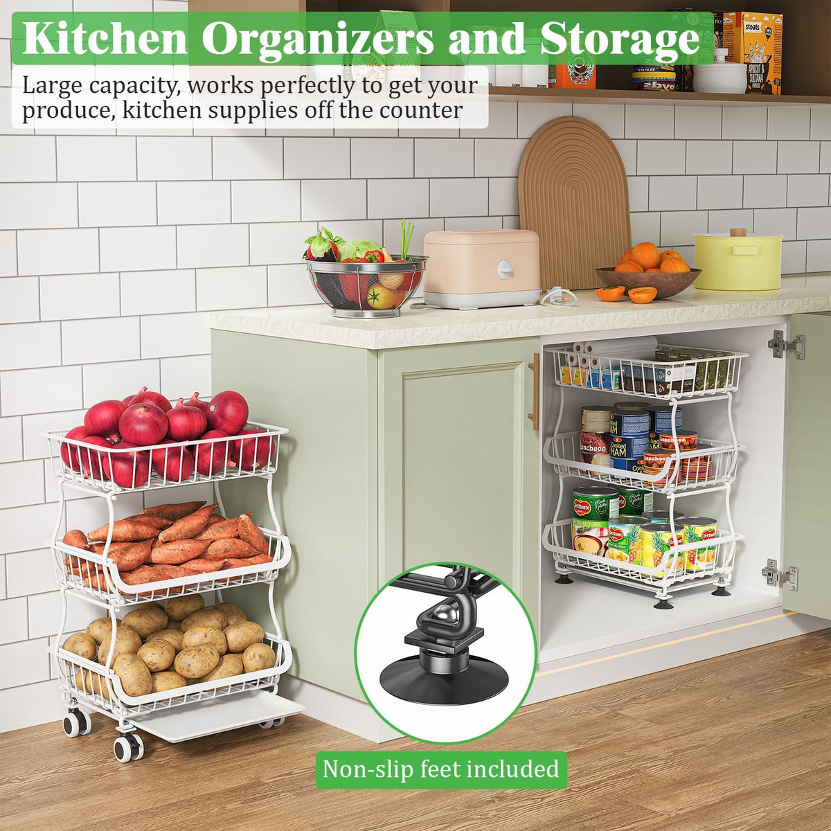 3 Tire Rolling Pantry Organizers and Storage Cart on Wheels