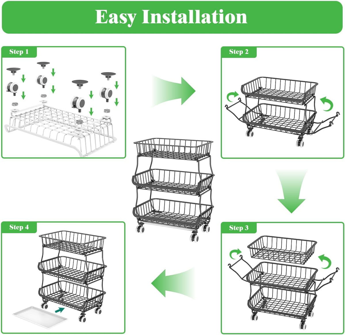 3 Tire Rolling Pantry Organizers and Storage Cart on Wheels