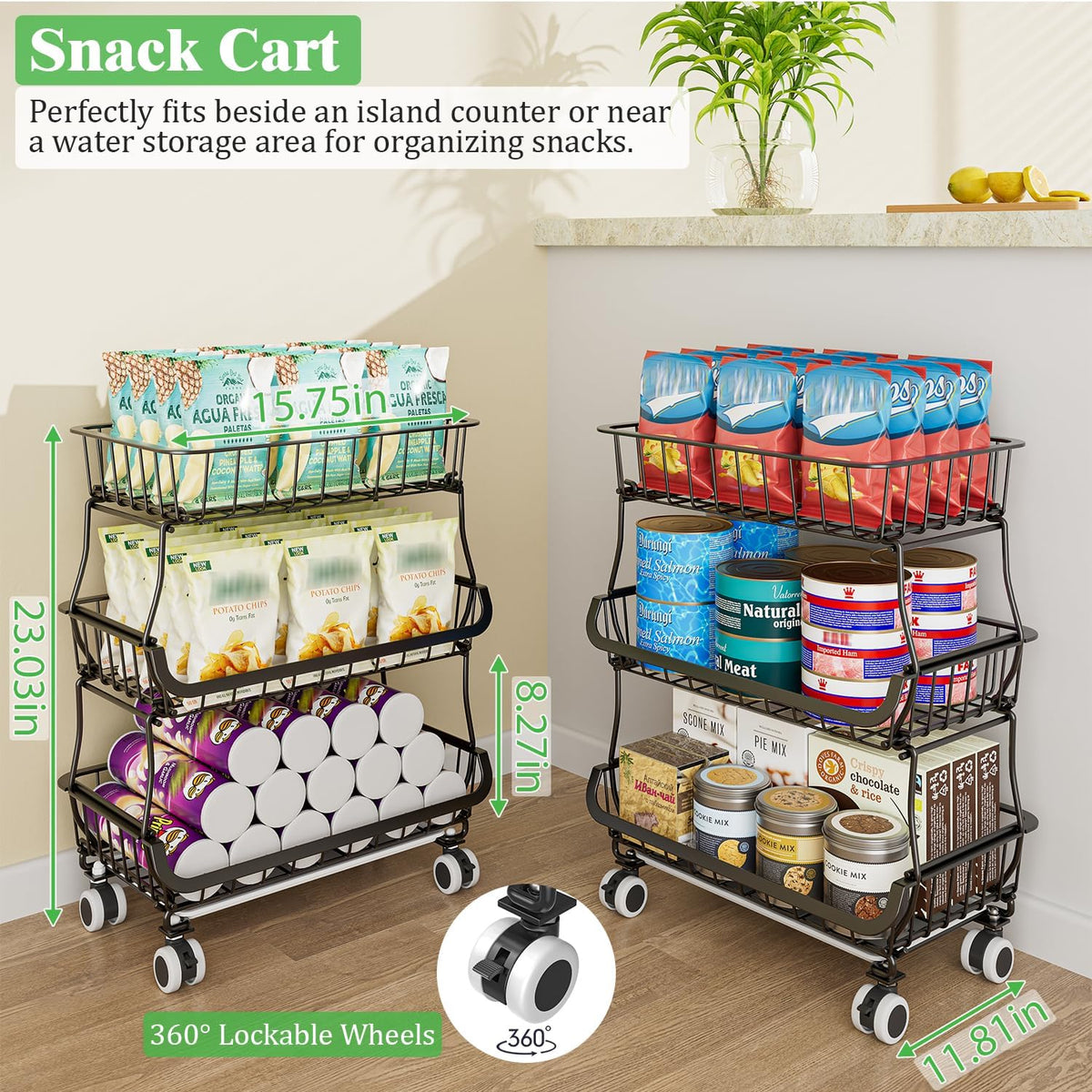 3 Tire Rolling Pantry Organizers and Storage Cart on Wheels