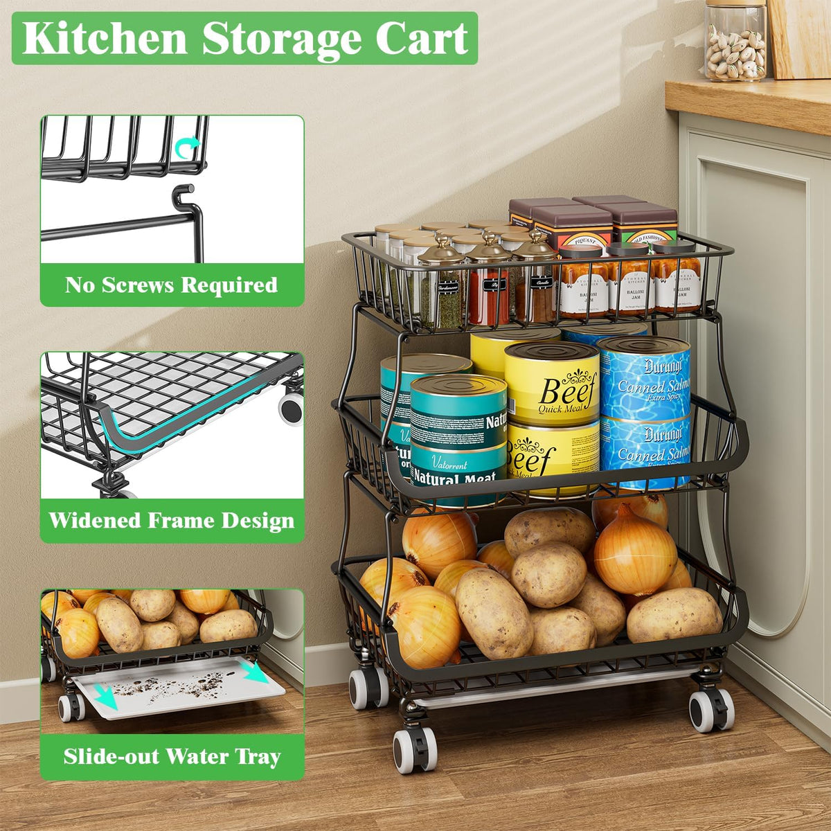 3 Tire Rolling Pantry Organizers and Storage Cart on Wheels