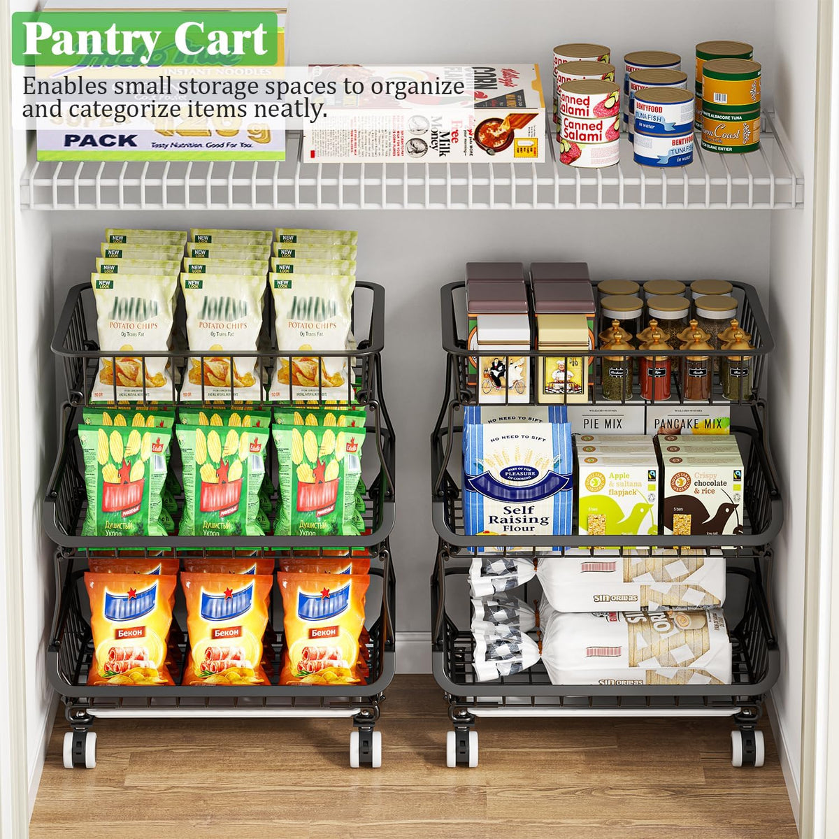 3 Tire Rolling Pantry Organizers and Storage Cart on Wheels