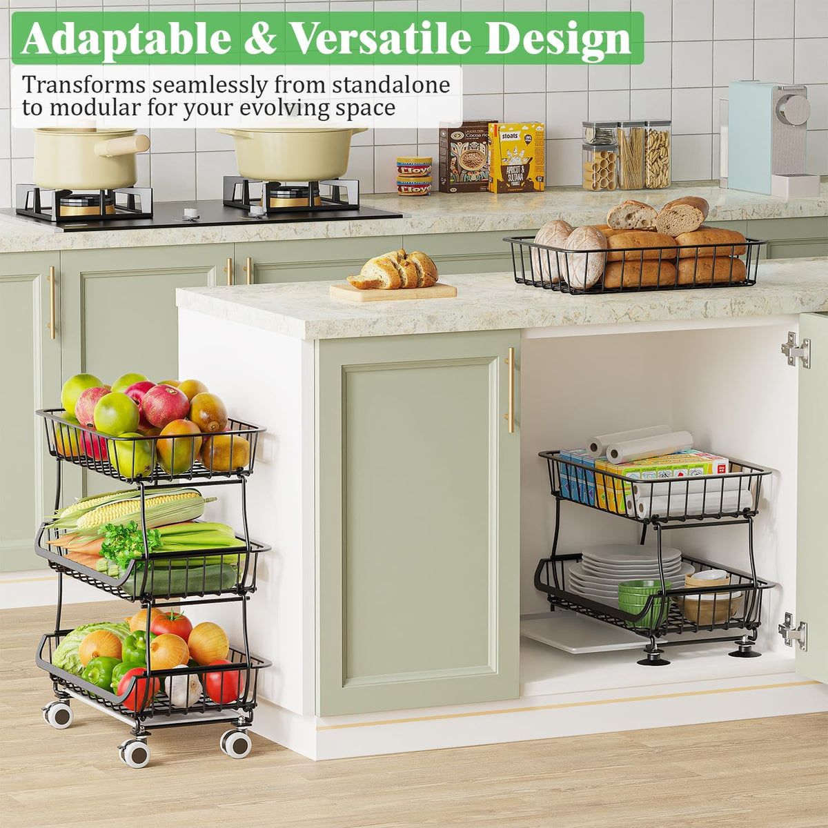 3 Tire Rolling Pantry Organizers and Storage Cart on Wheels
