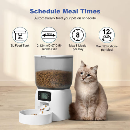 Automatic Cat Feeder, 3L Cat Food Dispenser with 10s Voice Recorder, Pet Feeder up to 8 Meals per Day, Timed Dog Feeder