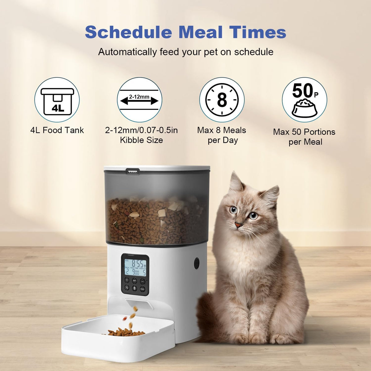 Automatic Cat Feeder, 3L Cat Food Dispenser with 10s Voice Recorder, Pet Feeder up to 8 Meals per Day, Timed Dog Feeder