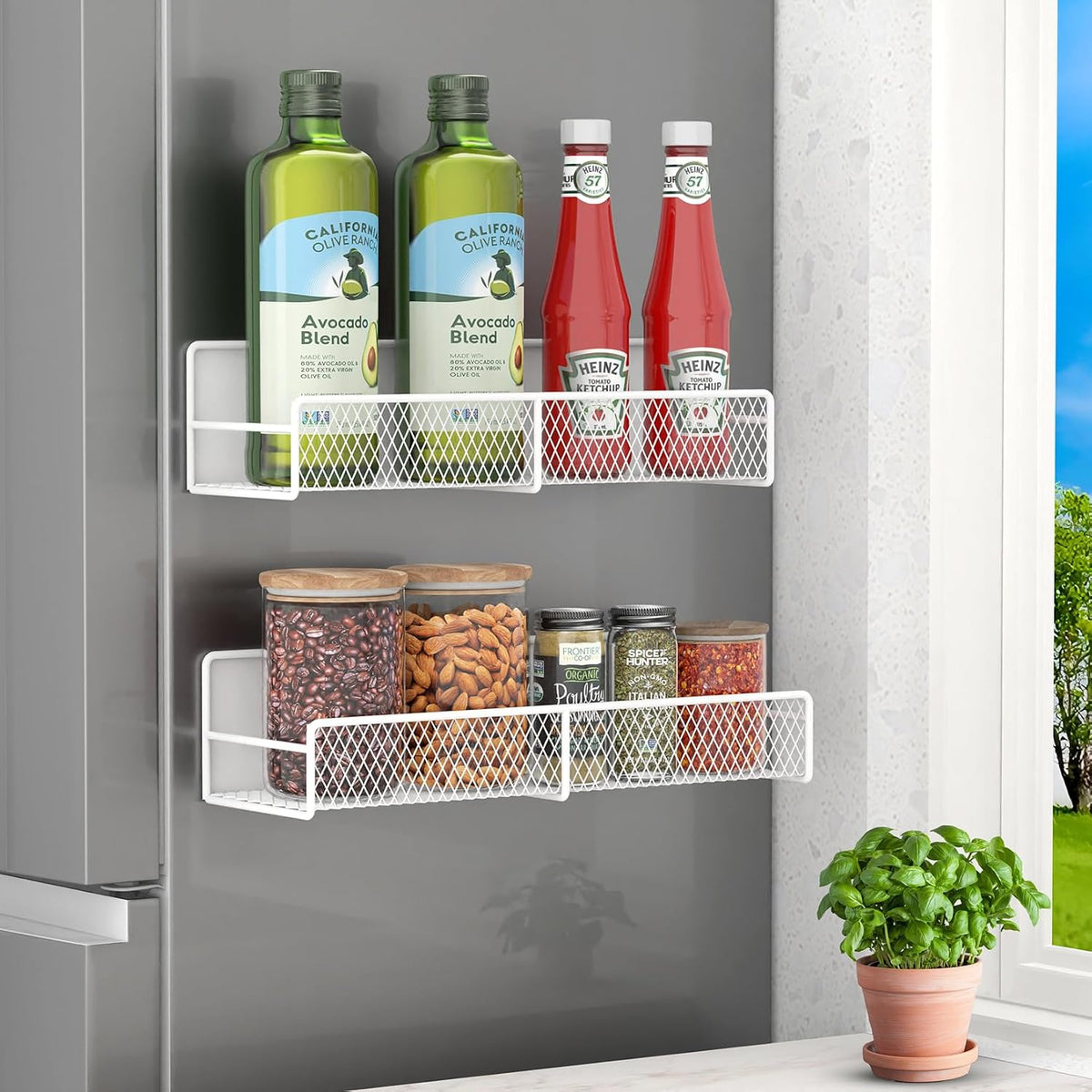 2 Pack Magnetic Spice Rack for Refrigerator with 4 Hooks, White