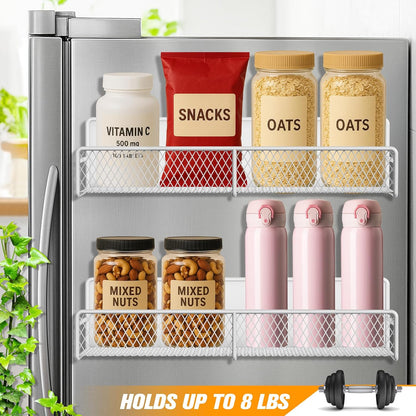 2 Pack Magnetic Spice Rack for Refrigerator with 4 Hooks, White