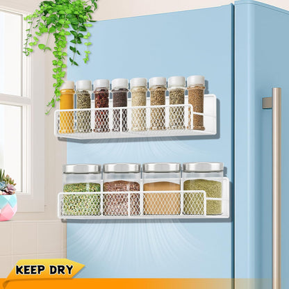 2 Pack Magnetic Spice Rack for Refrigerator with 4 Hooks, White
