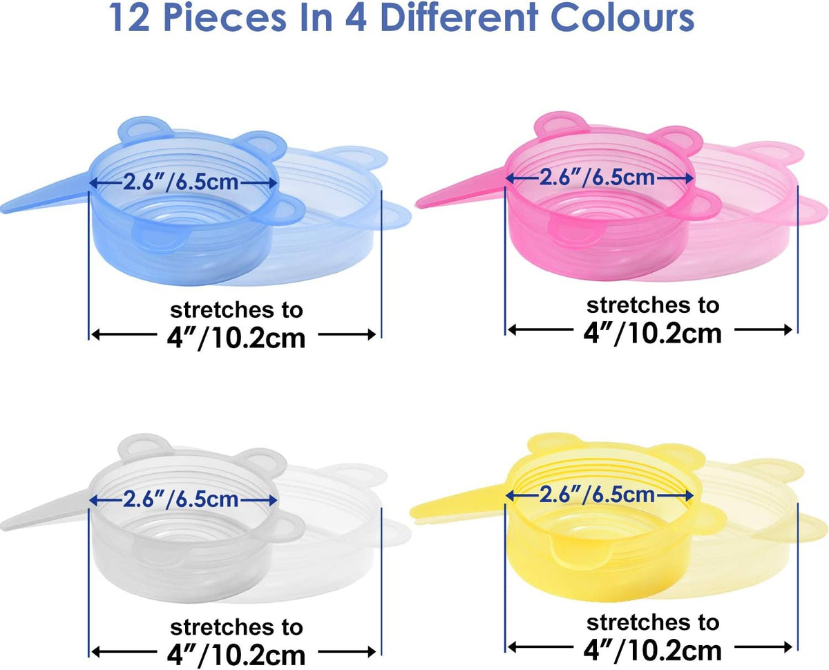 Silicone Stretch Lids, 12 Pack Small, Reusable Durable Food Storage Covers for Cups Small Bowls Cans Jars Fruits Vegetables, the Same Sizes of 2.6 Inch (Can Stretches to 3.5 Inches)