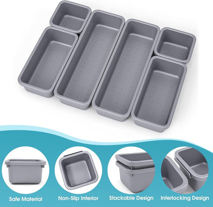 10 PCS Drawer Organizer Set, 4 Size Makeup Drawer Divider Organizer With Non-Slip Pads, Interlocking Plastic Storage Bins for Office,Jewelry Vanity,Gadgets, Bathroom,Kitchen, Black