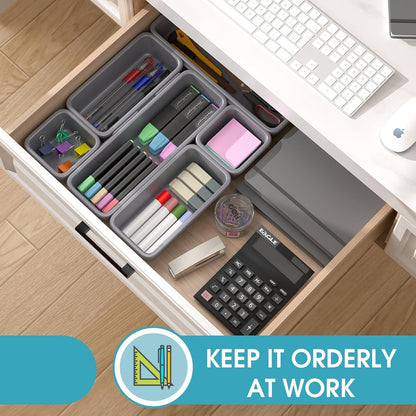 10 PCS Drawer Organizer Set, 4 Size Makeup Drawer Divider Organizer With Non-Slip Pads, Interlocking Plastic Storage Bins for Office,Jewelry Vanity,Gadgets, Bathroom,Kitchen, Black