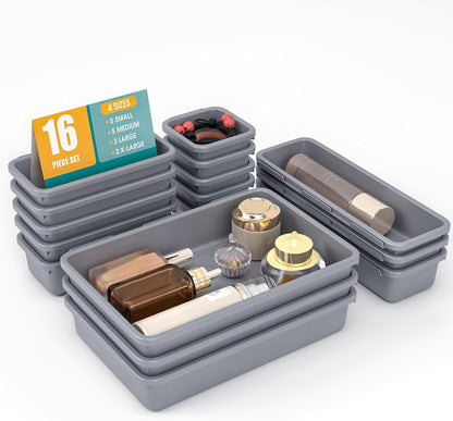 10 PCS Drawer Organizer Set, 4 Size Makeup Drawer Divider Organizer With Non-Slip Pads, Interlocking Plastic Storage Bins for Office,Jewelry Vanity,Gadgets, Bathroom,Kitchen, Black