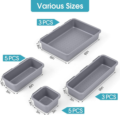 10 PCS Drawer Organizer Set, 4 Size Makeup Drawer Divider Organizer With Non-Slip Pads, Interlocking Plastic Storage Bins for Office,Jewelry Vanity,Gadgets, Bathroom,Kitchen, Black