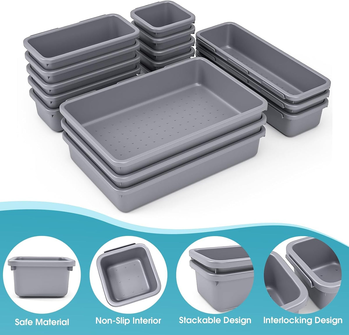10 PCS Drawer Organizer Set, 4 Size Makeup Drawer Divider Organizer With Non-Slip Pads, Interlocking Plastic Storage Bins for Office,Jewelry Vanity,Gadgets, Bathroom,Kitchen, Black