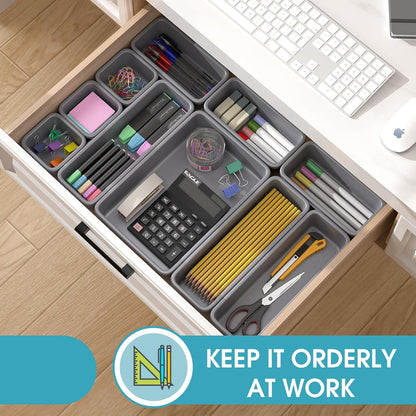 10 PCS Drawer Organizer Set, 4 Size Makeup Drawer Divider Organizer With Non-Slip Pads, Interlocking Plastic Storage Bins for Office,Jewelry Vanity,Gadgets, Bathroom,Kitchen, Black