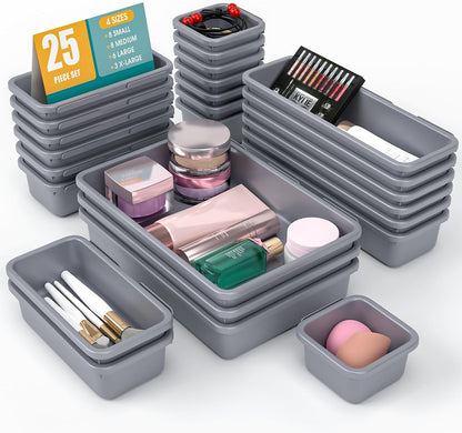 10 PCS Drawer Organizer Set, 4 Size Makeup Drawer Divider Organizer With Non-Slip Pads, Interlocking Plastic Storage Bins for Office,Jewelry Vanity,Gadgets, Bathroom,Kitchen, Black