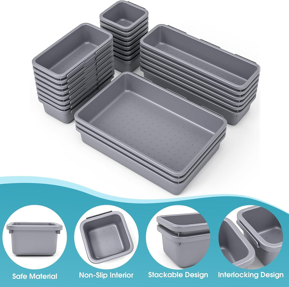 10 PCS Drawer Organizer Set, 4 Size Makeup Drawer Divider Organizer With Non-Slip Pads, Interlocking Plastic Storage Bins for Office,Jewelry Vanity,Gadgets, Bathroom,Kitchen, Black