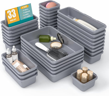 10 PCS Drawer Organizer Set, 4 Size Makeup Drawer Divider Organizer With Non-Slip Pads, Interlocking Plastic Storage Bins for Office,Jewelry Vanity,Gadgets, Bathroom,Kitchen, Black