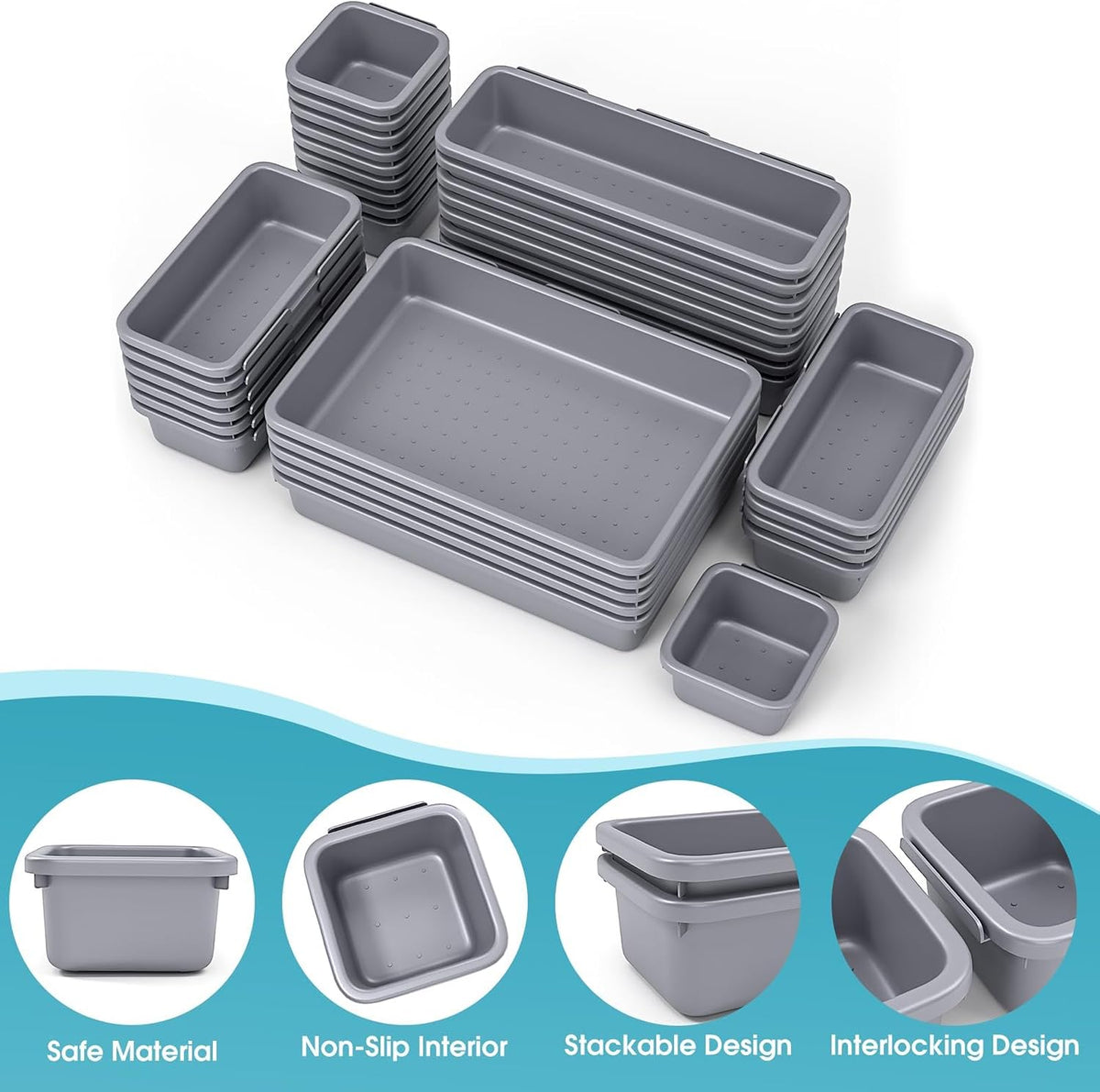 10 PCS Drawer Organizer Set, 4 Size Makeup Drawer Divider Organizer With Non-Slip Pads, Interlocking Plastic Storage Bins for Office,Jewelry Vanity,Gadgets, Bathroom,Kitchen, Black