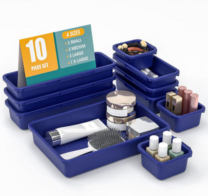 10 PCS Drawer Organizer Set, 4 Size Makeup Drawer Divider Organizer With Non-Slip Pads, Interlocking Plastic Storage Bins for Office,Jewelry Vanity,Gadgets, Bathroom,Kitchen, Black