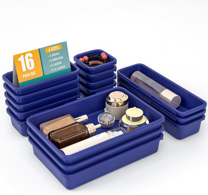 10 PCS Drawer Organizer Set, 4 Size Makeup Drawer Divider Organizer With Non-Slip Pads, Interlocking Plastic Storage Bins for Office,Jewelry Vanity,Gadgets, Bathroom,Kitchen, Black