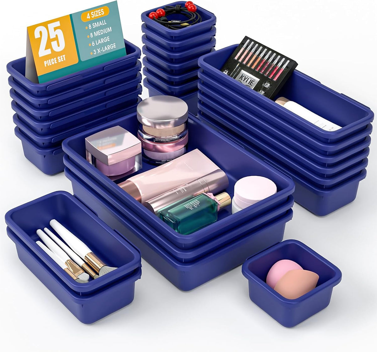 10 PCS Drawer Organizer Set, 4 Size Makeup Drawer Divider Organizer With Non-Slip Pads, Interlocking Plastic Storage Bins for Office,Jewelry Vanity,Gadgets, Bathroom,Kitchen, Black