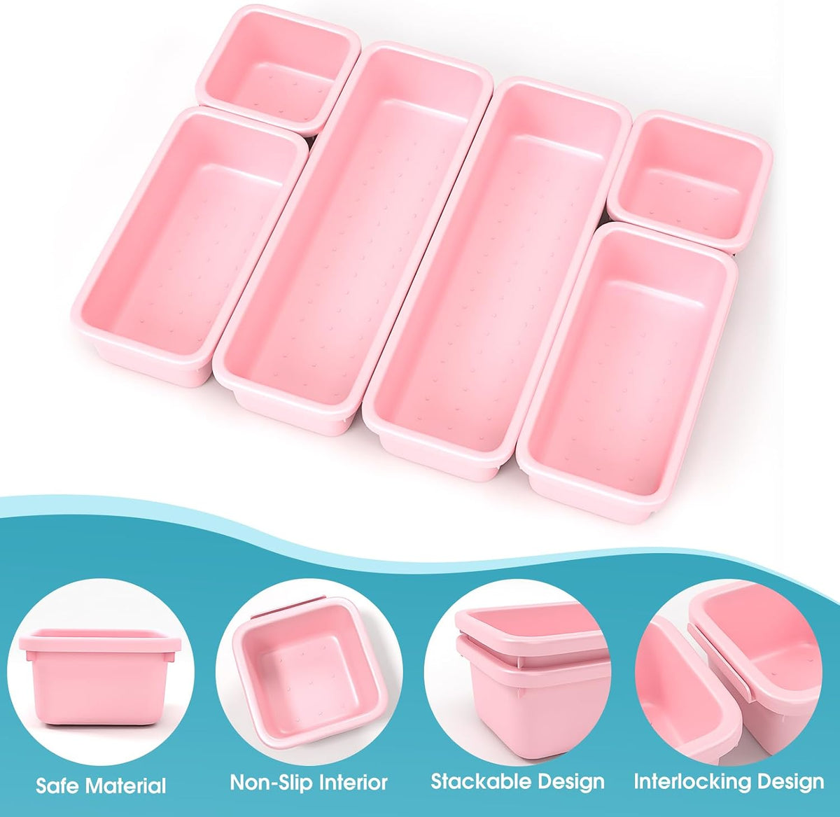 10 PCS Drawer Organizer Set, 4 Size Makeup Drawer Divider Organizer With Non-Slip Pads, Interlocking Plastic Storage Bins for Office,Jewelry Vanity,Gadgets, Bathroom,Kitchen, Black