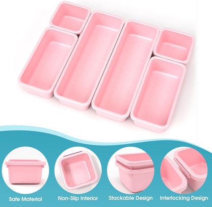 10 PCS Drawer Organizer Set, 4 Size Makeup Drawer Divider Organizer With Non-Slip Pads, Interlocking Plastic Storage Bins for Office,Jewelry Vanity,Gadgets, Bathroom,Kitchen, Black