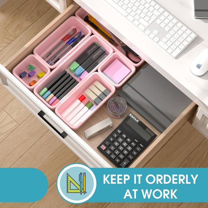 10 PCS Drawer Organizer Set, 4 Size Makeup Drawer Divider Organizer With Non-Slip Pads, Interlocking Plastic Storage Bins for Office,Jewelry Vanity,Gadgets, Bathroom,Kitchen, Black
