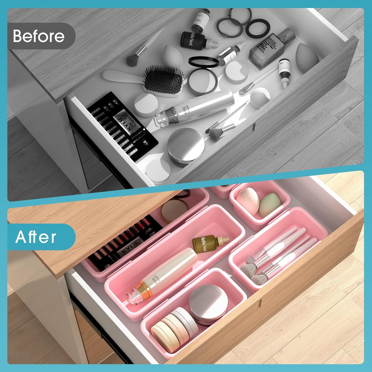 10 PCS Drawer Organizer Set, 4 Size Makeup Drawer Divider Organizer With Non-Slip Pads, Interlocking Plastic Storage Bins for Office,Jewelry Vanity,Gadgets, Bathroom,Kitchen, Black