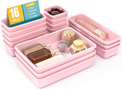 10 PCS Drawer Organizer Set, 4 Size Makeup Drawer Divider Organizer With Non-Slip Pads, Interlocking Plastic Storage Bins for Office,Jewelry Vanity,Gadgets, Bathroom,Kitchen, Black