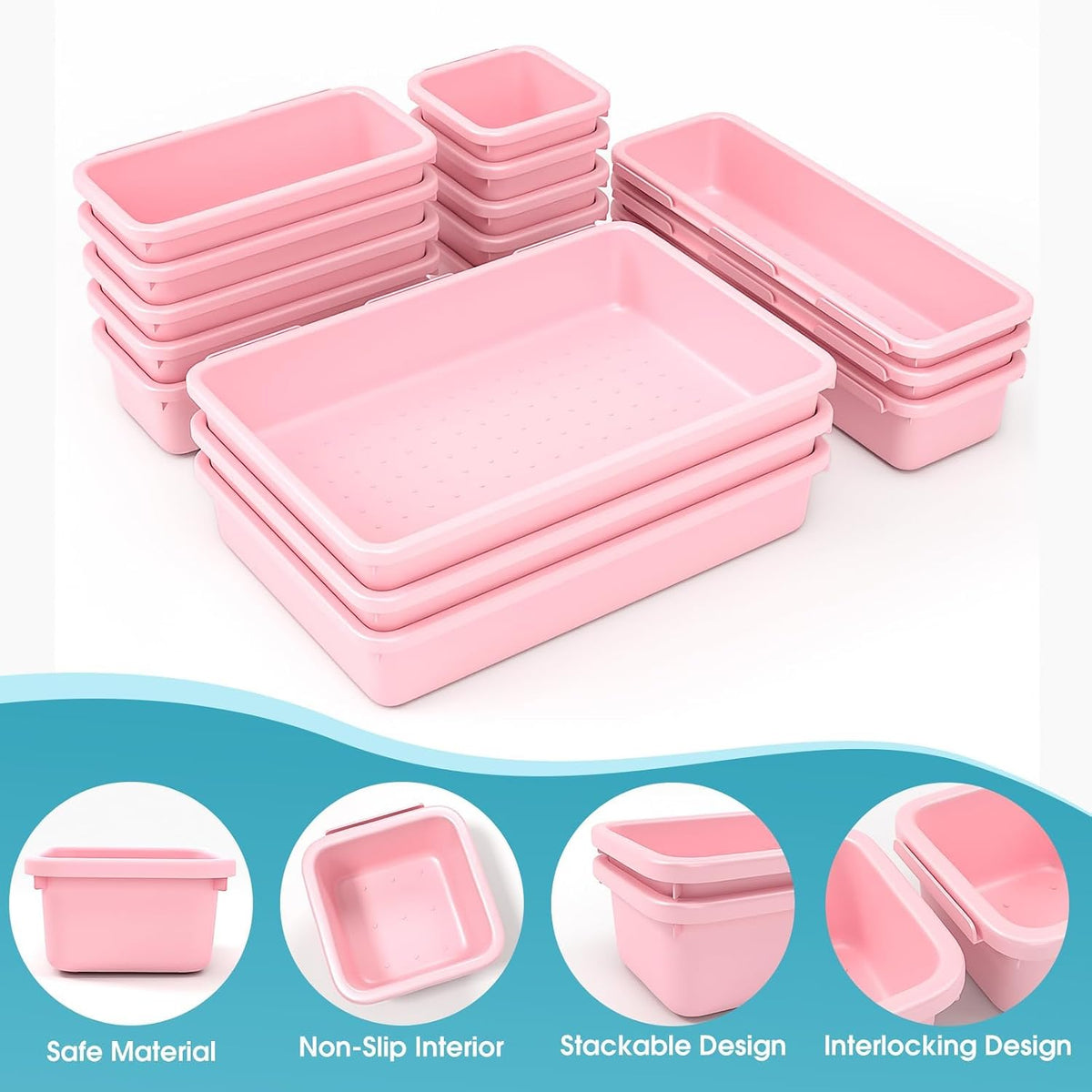 10 PCS Drawer Organizer Set, 4 Size Makeup Drawer Divider Organizer With Non-Slip Pads, Interlocking Plastic Storage Bins for Office,Jewelry Vanity,Gadgets, Bathroom,Kitchen, Black