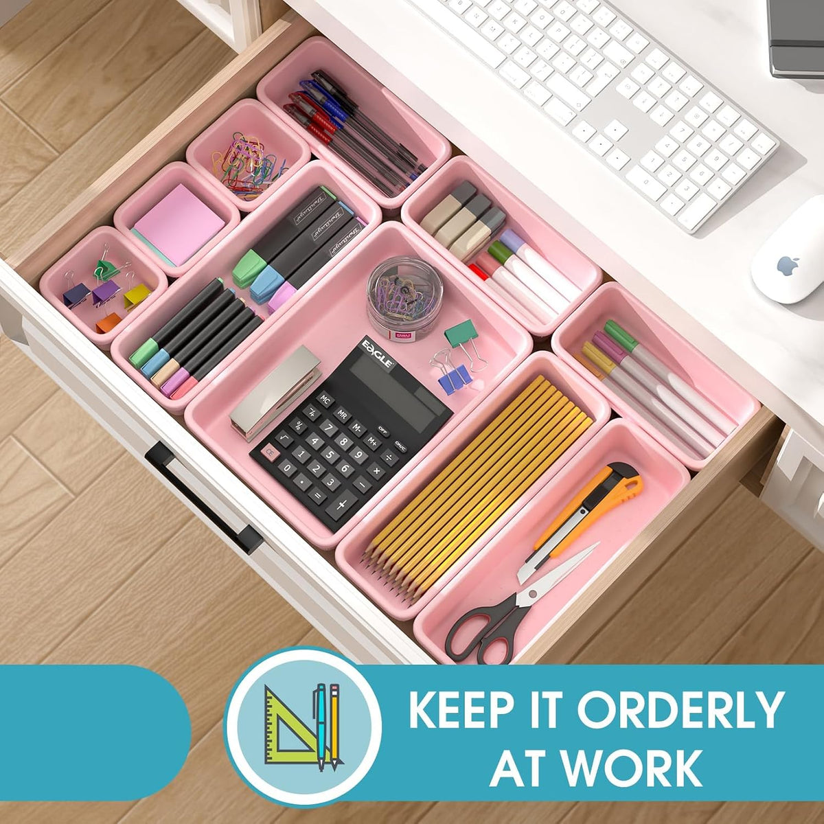 10 PCS Drawer Organizer Set, 4 Size Makeup Drawer Divider Organizer With Non-Slip Pads, Interlocking Plastic Storage Bins for Office,Jewelry Vanity,Gadgets, Bathroom,Kitchen, Black