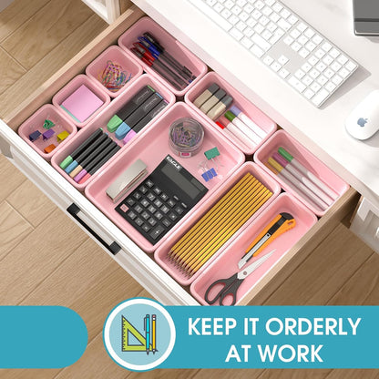 10 PCS Drawer Organizer Set, 4 Size Makeup Drawer Divider Organizer With Non-Slip Pads, Interlocking Plastic Storage Bins for Office,Jewelry Vanity,Gadgets, Bathroom,Kitchen, Black