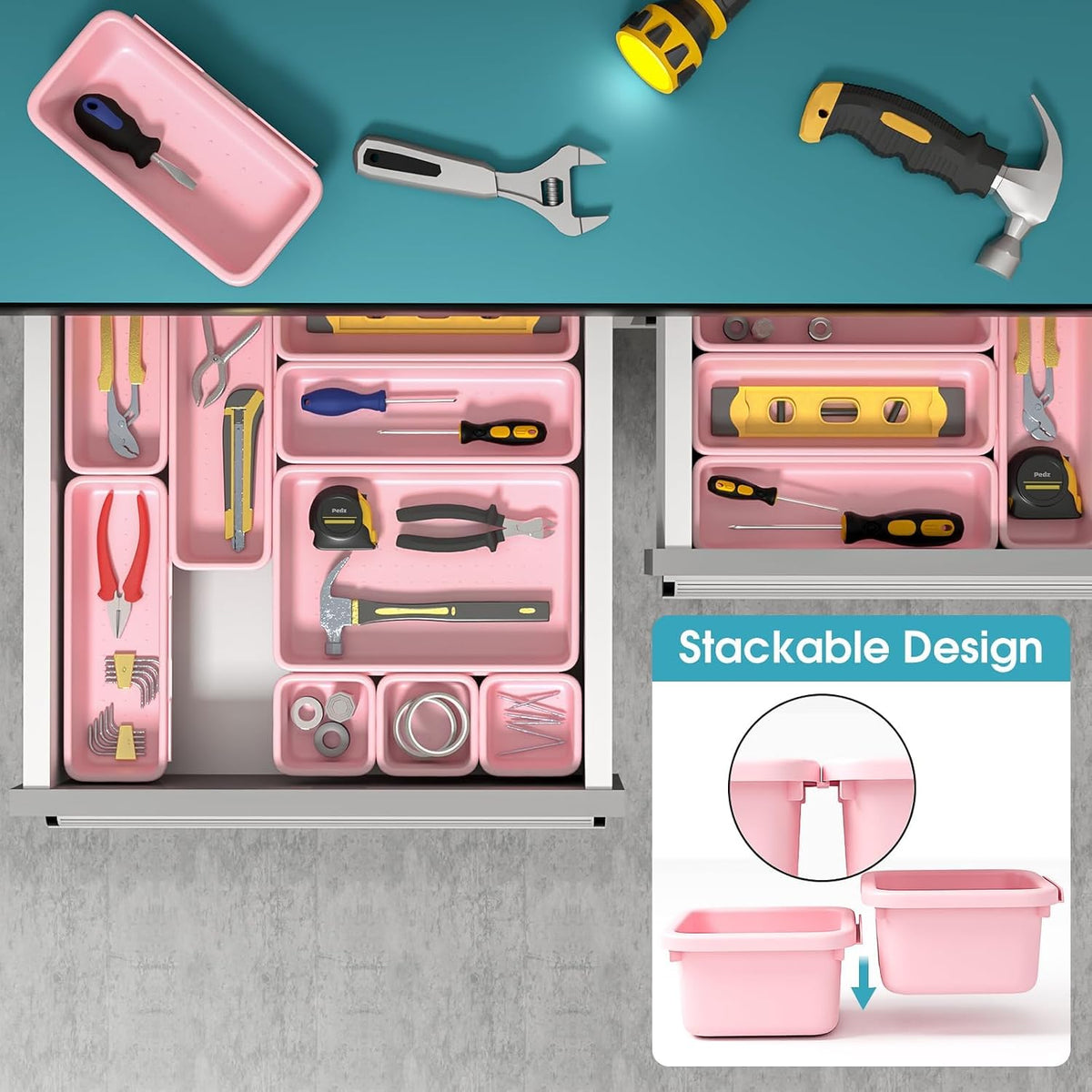 10 PCS Drawer Organizer Set, 4 Size Makeup Drawer Divider Organizer With Non-Slip Pads, Interlocking Plastic Storage Bins for Office,Jewelry Vanity,Gadgets, Bathroom,Kitchen, Black