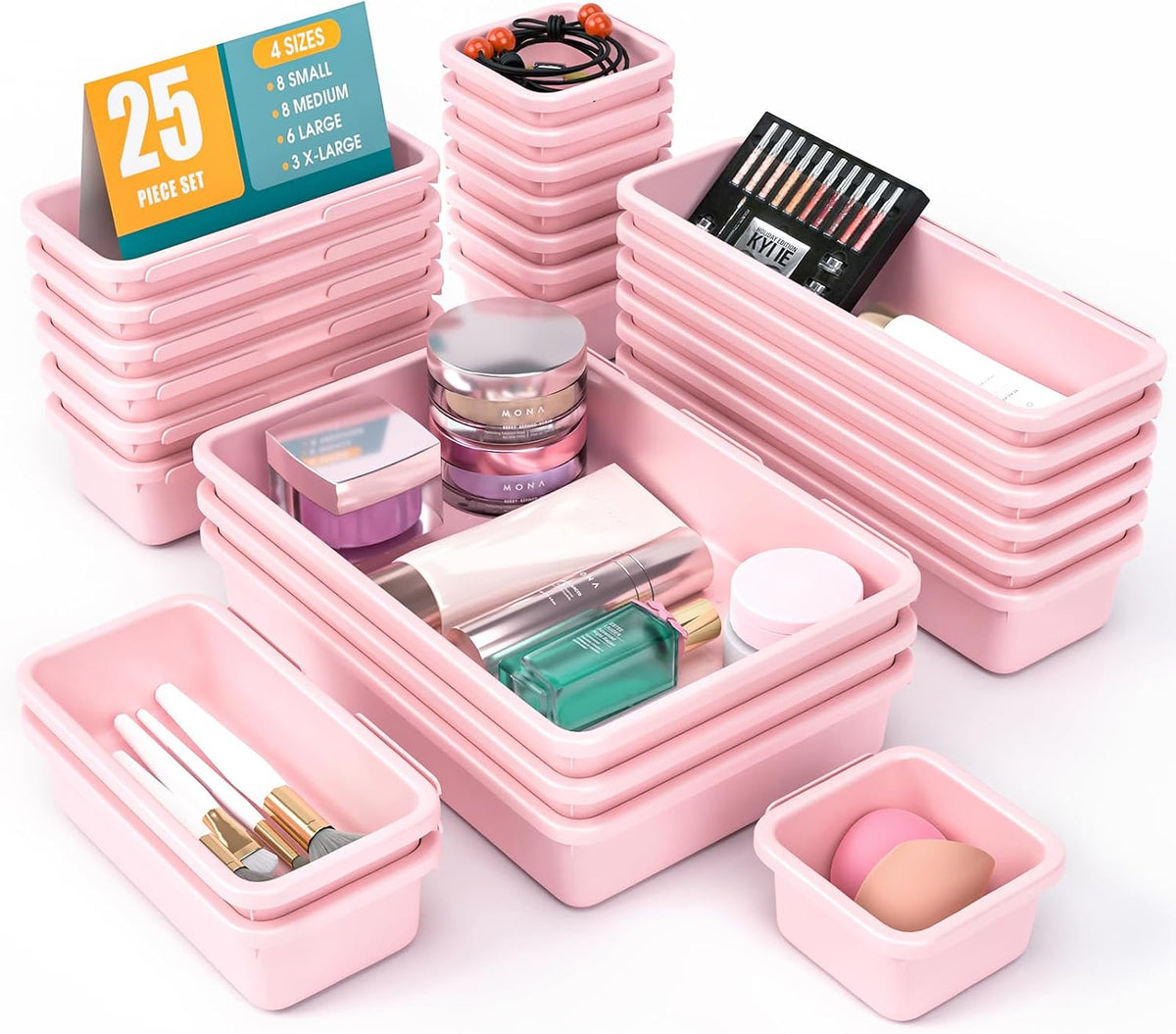 10 PCS Drawer Organizer Set, 4 Size Makeup Drawer Divider Organizer With Non-Slip Pads, Interlocking Plastic Storage Bins for Office,Jewelry Vanity,Gadgets, Bathroom,Kitchen, Black