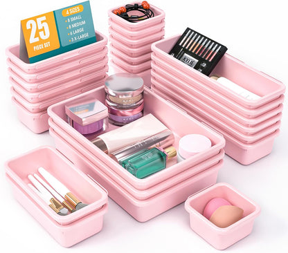 10 PCS Drawer Organizer Set, 4 Size Makeup Drawer Divider Organizer With Non-Slip Pads, Interlocking Plastic Storage Bins for Office,Jewelry Vanity,Gadgets, Bathroom,Kitchen, Black