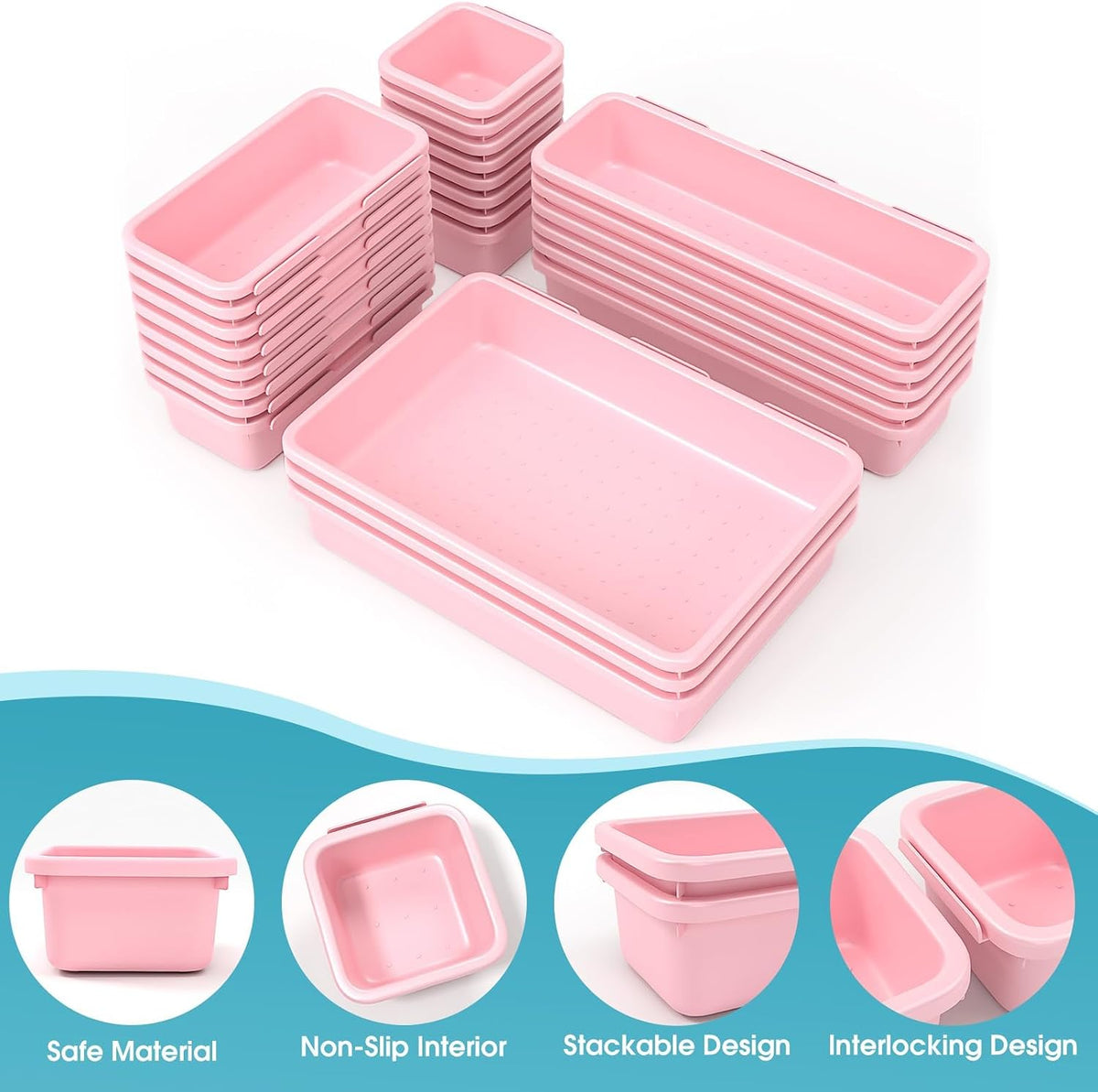 10 PCS Drawer Organizer Set, 4 Size Makeup Drawer Divider Organizer With Non-Slip Pads, Interlocking Plastic Storage Bins for Office,Jewelry Vanity,Gadgets, Bathroom,Kitchen, Black