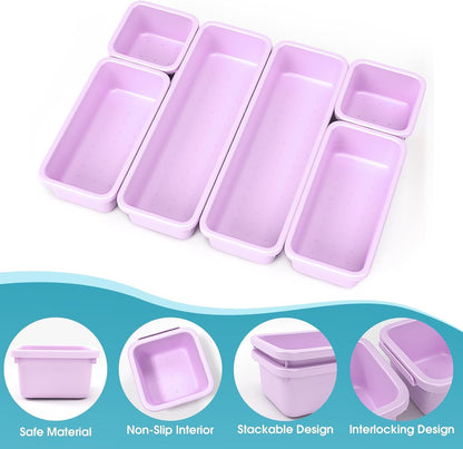 10 PCS Drawer Organizer Set, 4 Size Makeup Drawer Divider Organizer With Non-Slip Pads, Interlocking Plastic Storage Bins for Office,Jewelry Vanity,Gadgets, Bathroom,Kitchen, Black