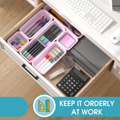 10 PCS Drawer Organizer Set, 4 Size Makeup Drawer Divider Organizer With Non-Slip Pads, Interlocking Plastic Storage Bins for Office,Jewelry Vanity,Gadgets, Bathroom,Kitchen, Black