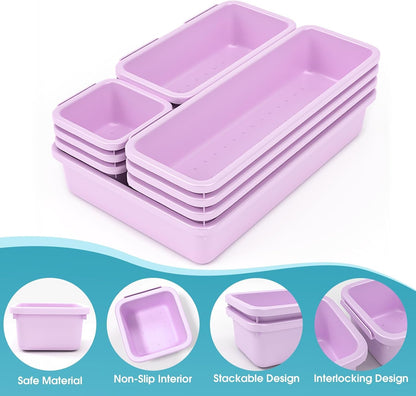 10 PCS Drawer Organizer Set, 4 Size Makeup Drawer Divider Organizer With Non-Slip Pads, Interlocking Plastic Storage Bins for Office,Jewelry Vanity,Gadgets, Bathroom,Kitchen, Black