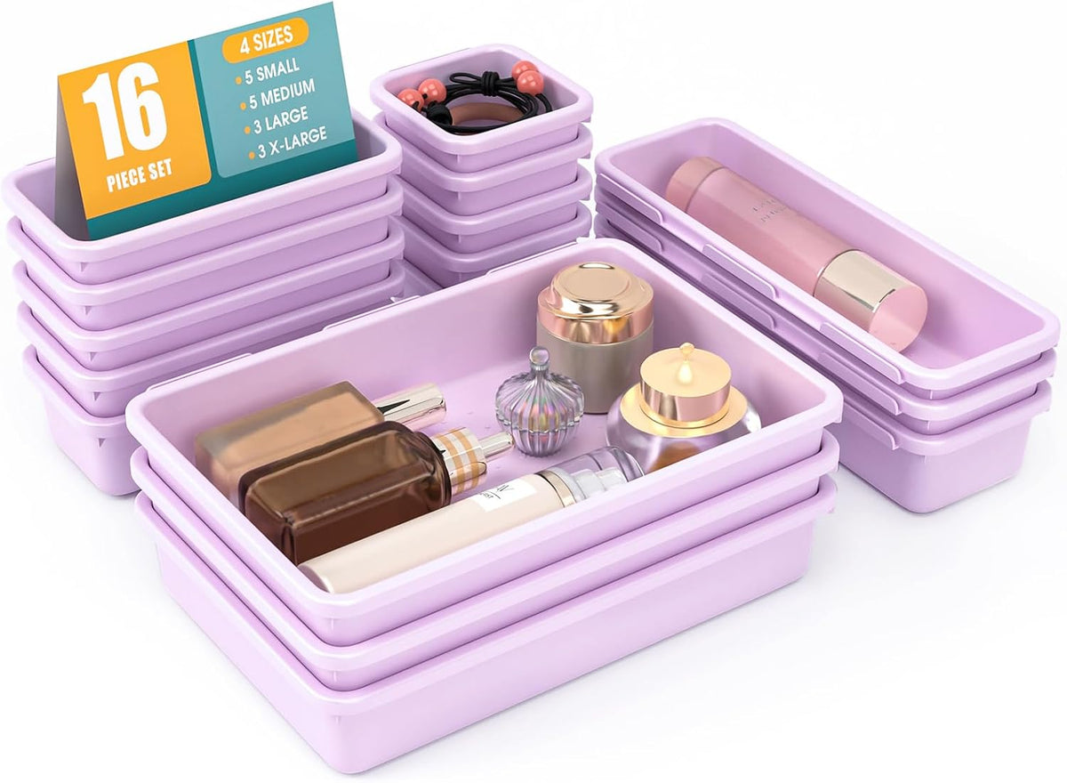 10 PCS Drawer Organizer Set, 4 Size Makeup Drawer Divider Organizer With Non-Slip Pads, Interlocking Plastic Storage Bins for Office,Jewelry Vanity,Gadgets, Bathroom,Kitchen, Black